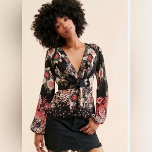Free People Run Free Blouse XS Black Floral Bohemian Front Tie Chic Romantic NWT